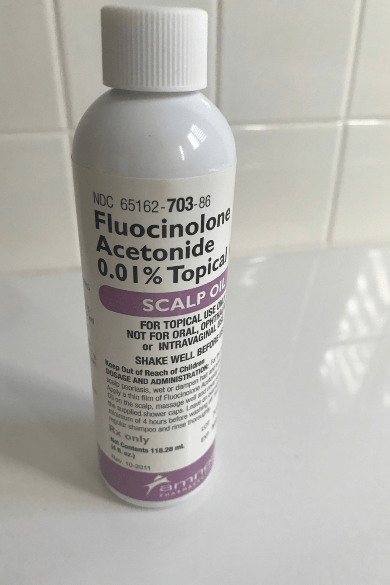 Bottle of fluocinolone Acetonide .01% topical scalp oil for seborrheic dermatitis on scalp